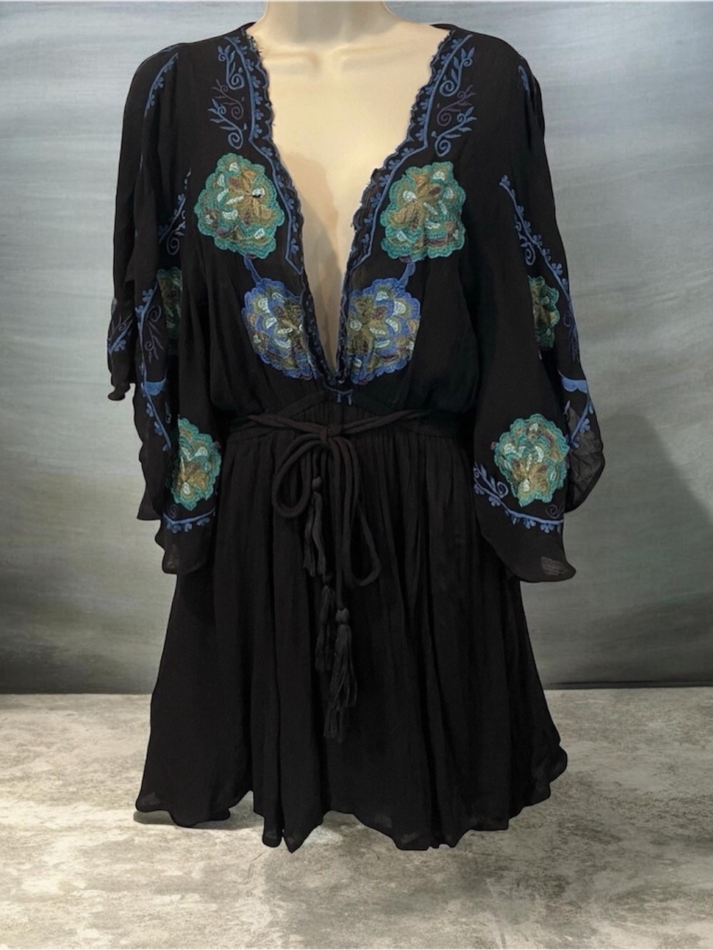 Free People Black Cora mini dress with Teal & Blue Floral Embroidery Sz small